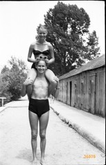 young couple in swimsuits, funny, vintage fine art negative! 1950’s