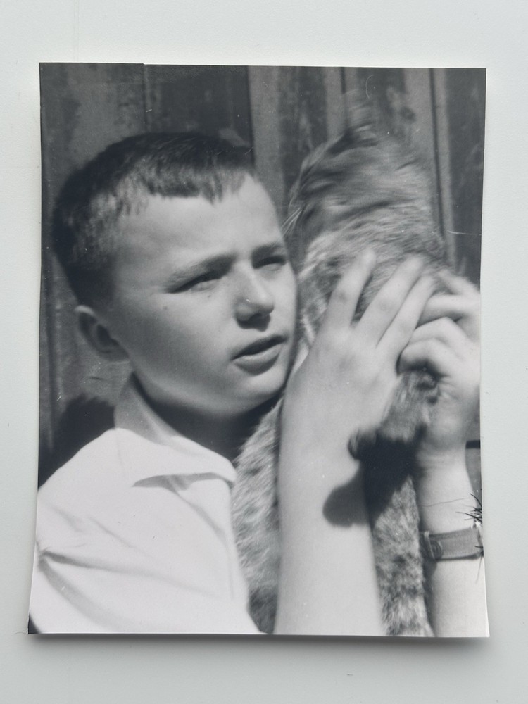 🐈 Photo Boy with Cat approx. 1961, 6×8 cm, GDR, Reverse Photographer Stamp