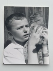 🐈 Photo Boy with Cat approx. 1961, 6×8 cm, GDR, Reverse Photographer Stamp