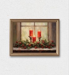 DIGITAL DOWNLOAD, Christmas Candle and Pinecone Oil Painting, Holly Berries