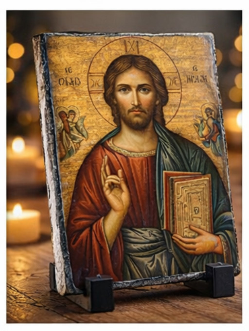 Christ Pantocrator Slate Icon – Orthodox Christian Wall or Tabletop Religious