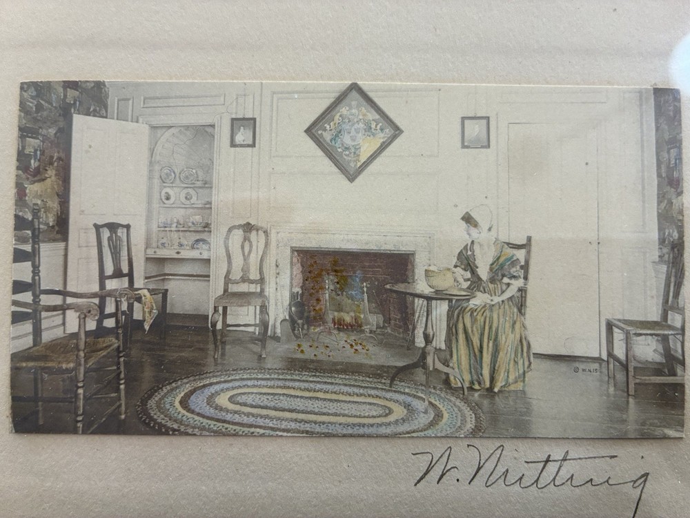 WALLACE NUTTING: FRAMED HAND COLORED PHOTO: INTERIOR LIVING ROOM SCENE W LADY