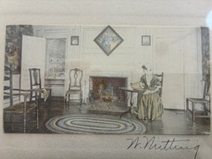 WALLACE NUTTING: FRAMED HAND COLORED PHOTO: INTERIOR LIVING ROOM SCENE W LADY