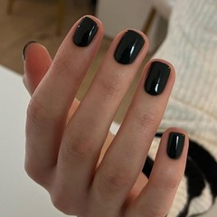 Press on Nails Short, Squared Oval Solid Black Fake Nails Full Cover Art N…