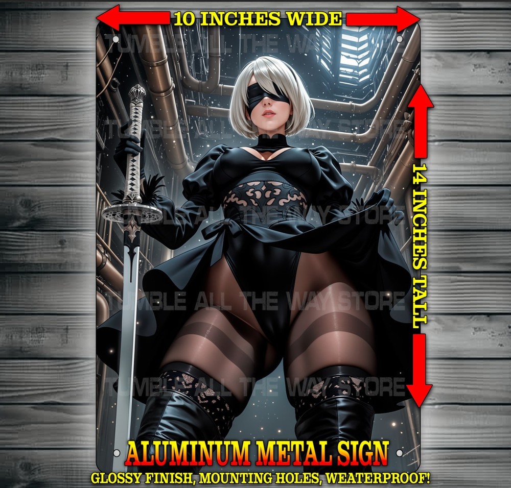 Sexy 2B from Nier Automata with Sword Metal Sign Wall Art 10″ x 14″