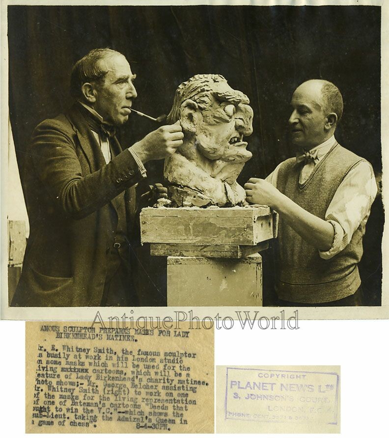 W. Smith sculptor working on sculpture monster head antique art photo