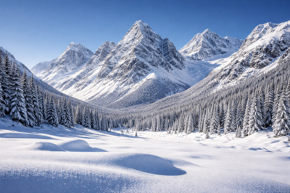AI Generated Snowy Mountain Range and Forest Valley 59