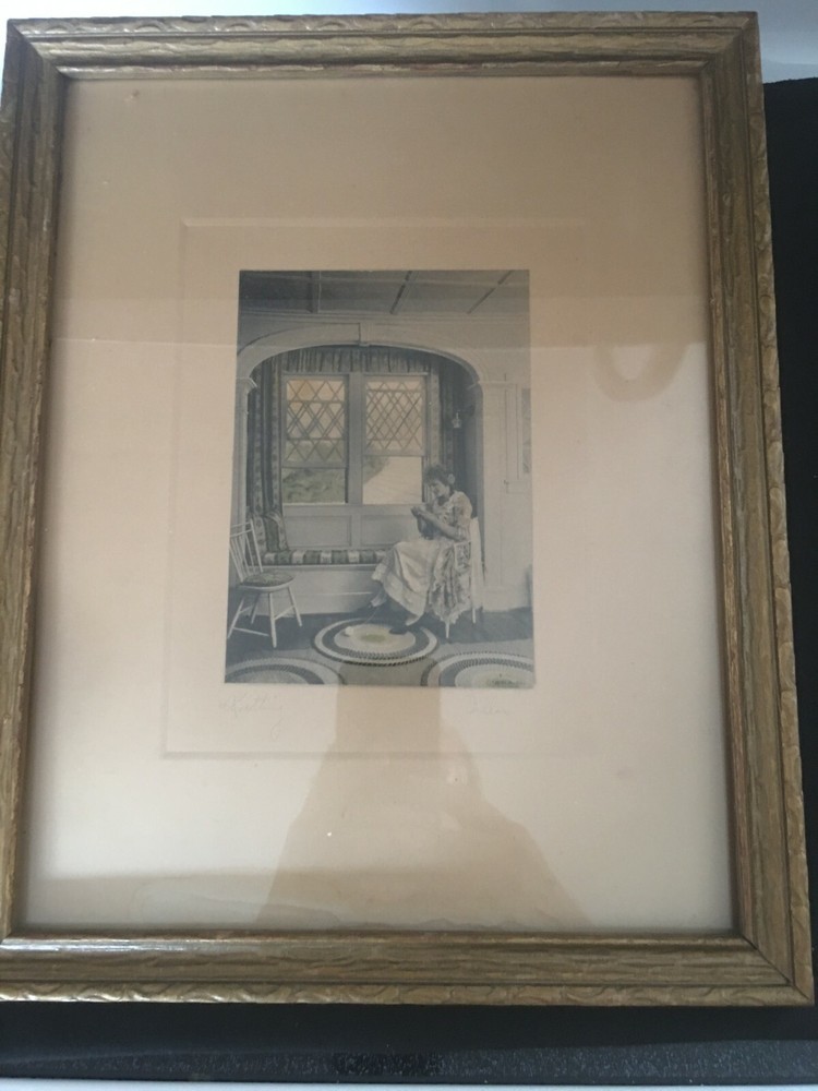 Tinted Photograph by Villar Titled «Knitting» Signed, Frame & Matted