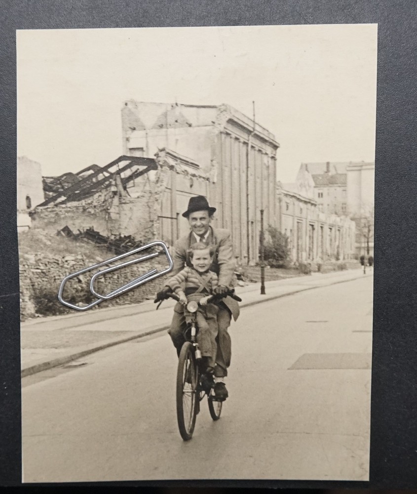 Photo Portrait Man Father Child Boy Berlin View Street Bicycle Debris Ruin