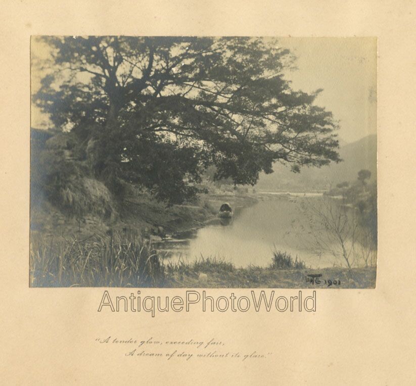 Serene lake landscape antique signed art photo w J.G. Whittier poetry line