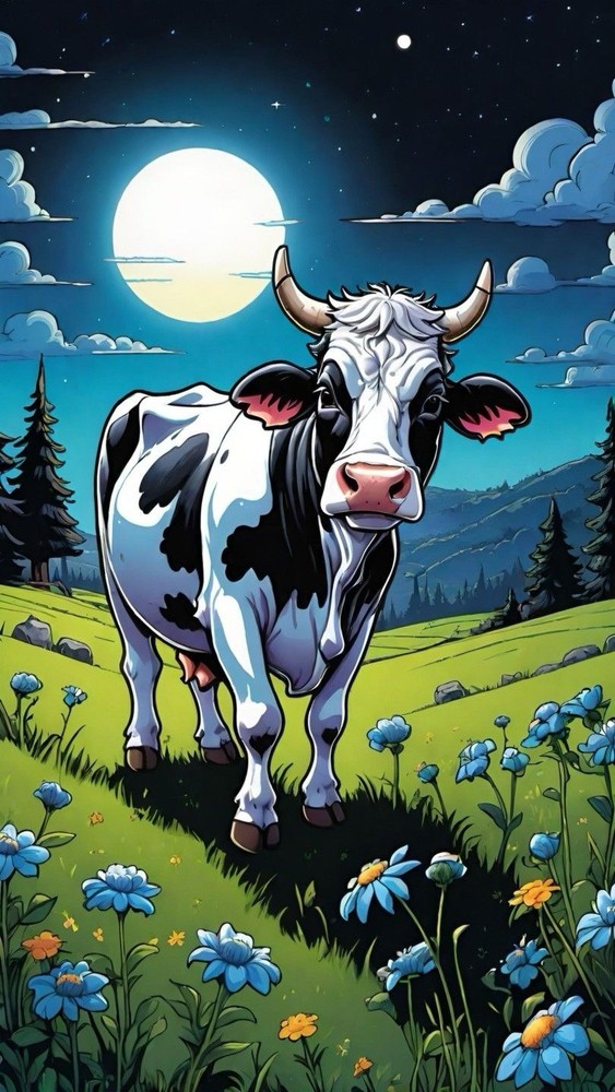 Cow in Moonlit Meadow Portrait, Color Art Photograph, Night Landscape Theme