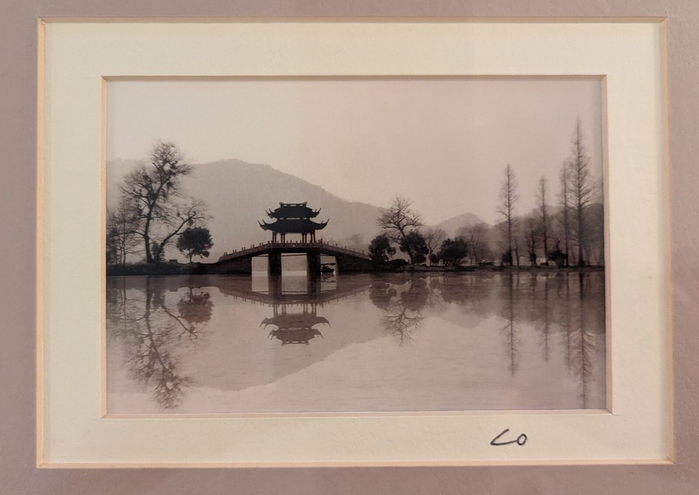 West Lake Jixian Pavilion Hangzhou City China Framed Photo Black White Matted