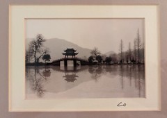 West Lake Jixian Pavilion Hangzhou City China Framed Photo Black White Matted