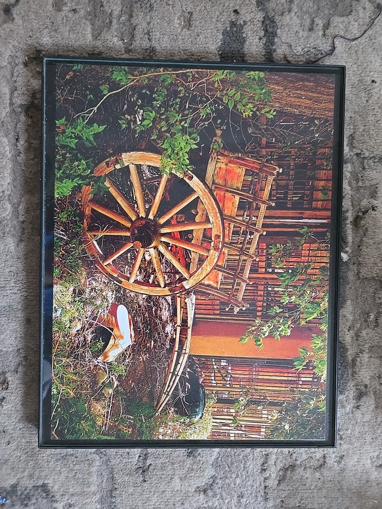Framed Photograph Of A Rustic Scene Featuring A Wagon And Nature