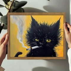 Vintage Framed Black Cat Wall Art, Black Cat Painting Portrait Wall Decor, Me…