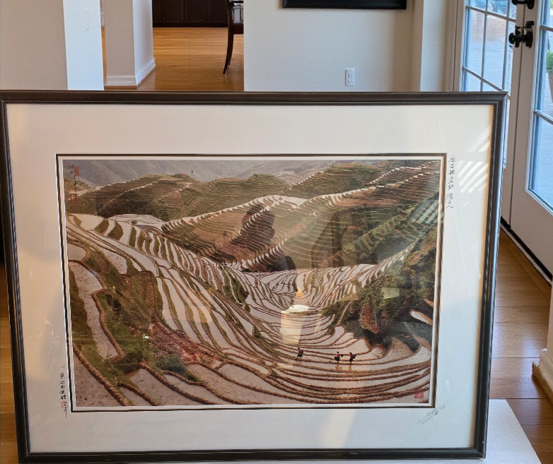 Huge 42×32 Vintage 2002 Chinese Rice Terrace Photo – Framed & Signed – Longji