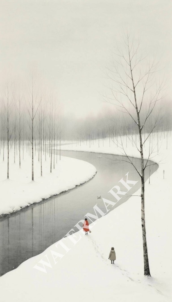 Digital Image Winter Forest River People Picture Wallpaper Desktop Wall Art A41
