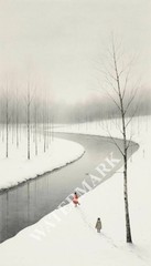 Digital Image Winter Forest River People Picture Wallpaper Desktop Wall Art A41