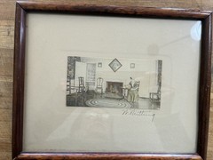 WALLACE NUTTING: FRAMED HAND COLORED PHOTO: INTERIOR LIVING ROOM SCENE W LADY