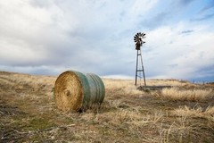 Windmill and Hay Bale Photography Print: Oklahoma, Farm, Prairie, Picture, Photo