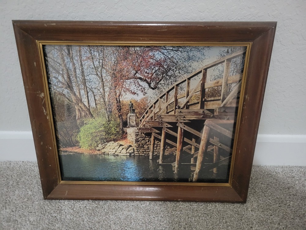 13.5″ X 10.5″ Picture of Bridge with Statue in Massachusetts in Wooden Frame