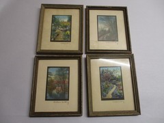 4 WALLACE NUTTING MINIATURE FRAMED PHOTOS ~ HAND TINTED ~ FRAMED ~ SIGNED 2″X3″