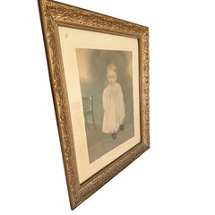Antique Hand-Tinted Photographic Portrait of Child in Ornate Gilt Gesso Frame