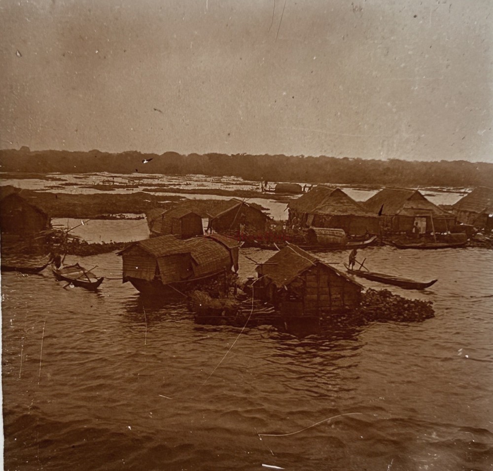 Vietnam China Asia Village Floating c1910 Photo Stereo Glasses Vintage