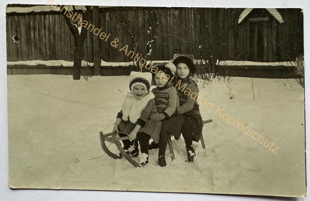 orig. Photo postcard photograph child children around 1930 girl sleigh winter