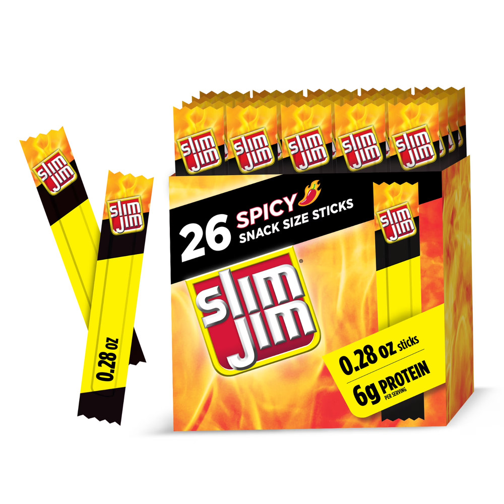 Slim Jim Smoked Meat Sticks, Spicy Flavor, 6g Protein Per Serving 0.28 oz.26 CT