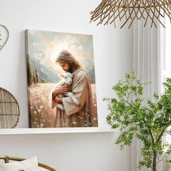 Jesus and Lamb Canvas Wall Art Christian Jesus the Good Shepherd Painting pic…