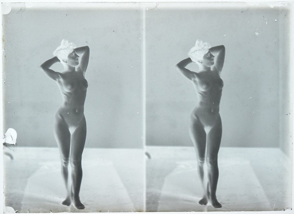 Photographs on 13x18cm glass plate. Nude study. Stereoscopic