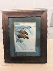 Rustic Framed Bear Print “Fall Guys” Signed Wyman 1998 Wildlife Cabin Decor