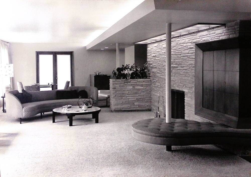 Vintage Art Board Photograph Mid Century Modern Living Room with Stone Fireplace