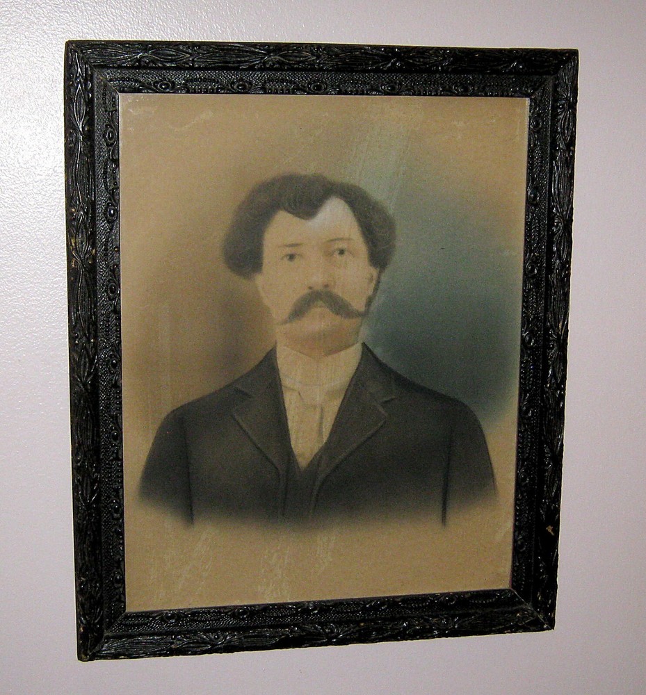 Antique Wood Framed Portrait of Man w Mustache Folk Art Cottage Country Tavern
