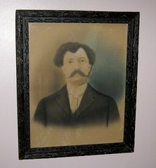 Antique Wood Framed Portrait of Man w Mustache Folk Art Cottage Country Tavern