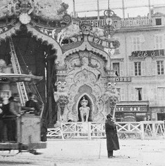 STEREO GLASS NEGATIVE tram w guide, PICON ad, carnival, conductor, NICE, vintage