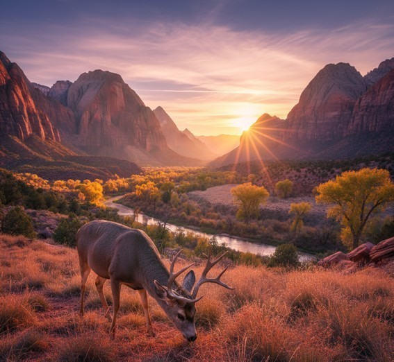 Zion National Park Deer Grazing – Digital Image Wallpaper Stream Nature