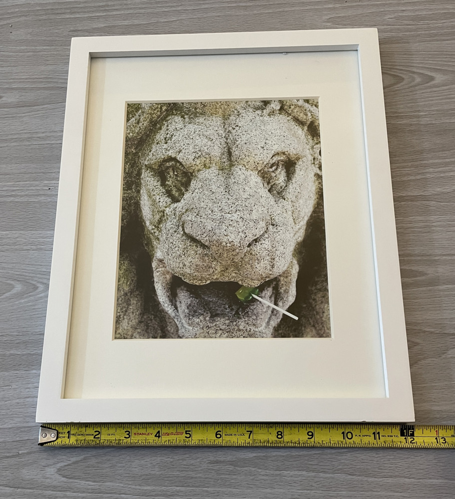 Vintage Fine Art Print of Masonry Architectural Lion with Lollipop Framed12x15″