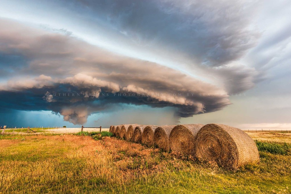 Storm Photography Print: Oklahoma Supercell Thunderstorm Hay Bales Weather Photo