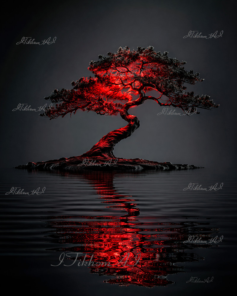 Digital Art Landscape Tree Island Lake Water Red Light NightBackground Wallpaper