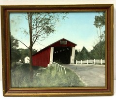 Vintage Hand Colored Photograph Laketon Indiana 1874 Covered Bridge 11 x 14