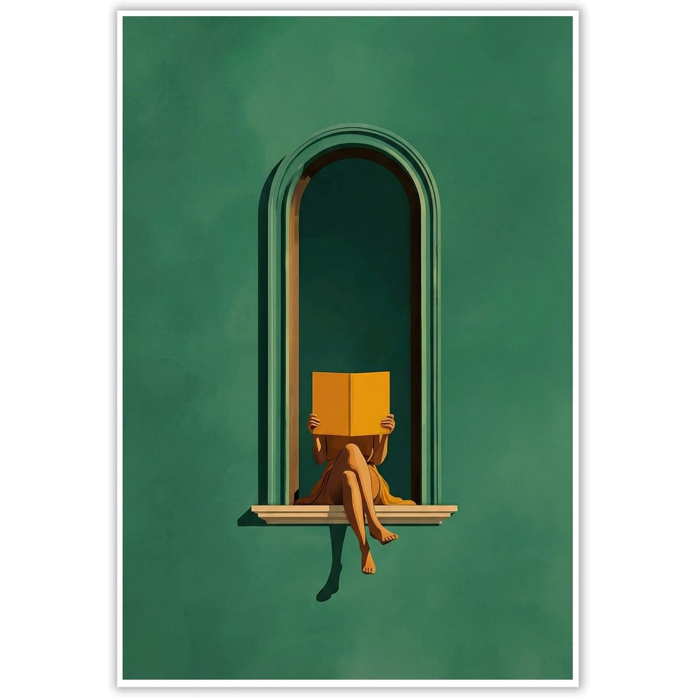 Female Literary Print Green Portrait Woman Reading Poster 16 x 24 Inch UnFram…