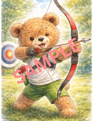 Digital Watercolor Photo of Bear Playing Archery