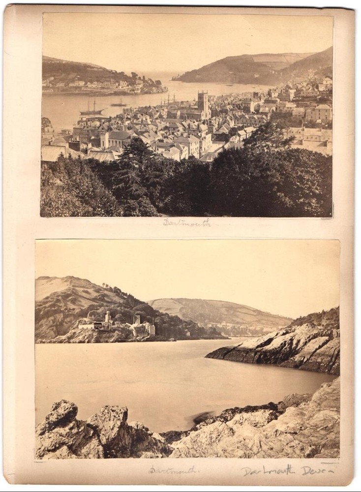 2 photographs Dartmouth, panorama of the city, waters with castle