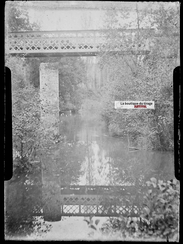 Old Black And White Photo Glass Plate Negative 6X9 Cm Bridge River Landscape
