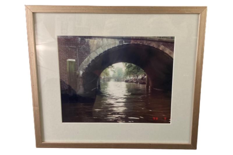 Framed 1998 Canal Photograph with Bridges Fishing Boats Gold Frame 12.5×14.5″