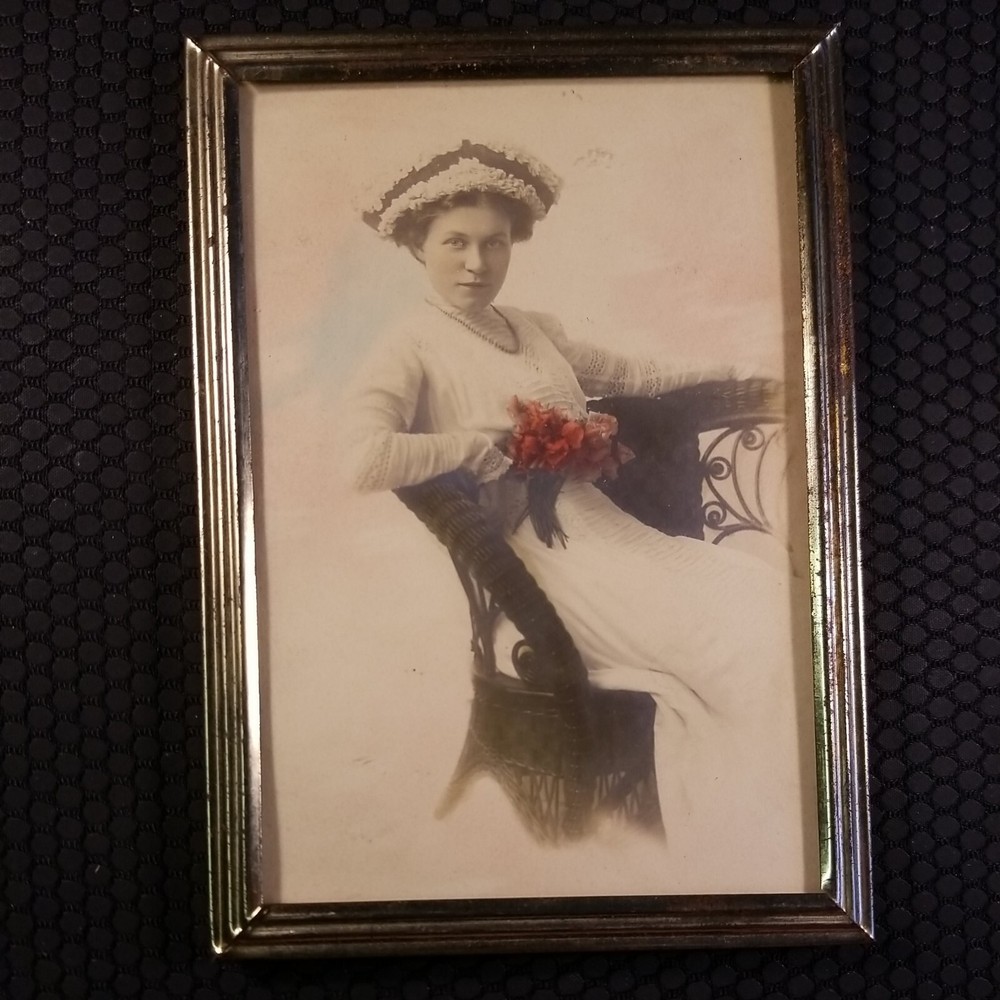 Selective Color Framed Vintage Photo Sotting Lady Holding Roses 5 x 7.5″ in.