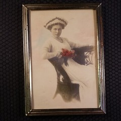 Selective Color Framed Vintage Photo Sotting Lady Holding Roses 5 x 7.5″ in.