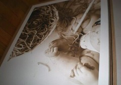 BABY on CANVAS THICK WOOD FRAME PHOTO FEET IN SPAGHETTI WALL SEPIA ART PICTURE